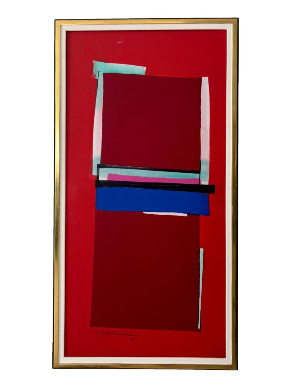 Vintage Oppenheim Abstract Oil Painting Signed 1984 Red Blue Geometric Framed